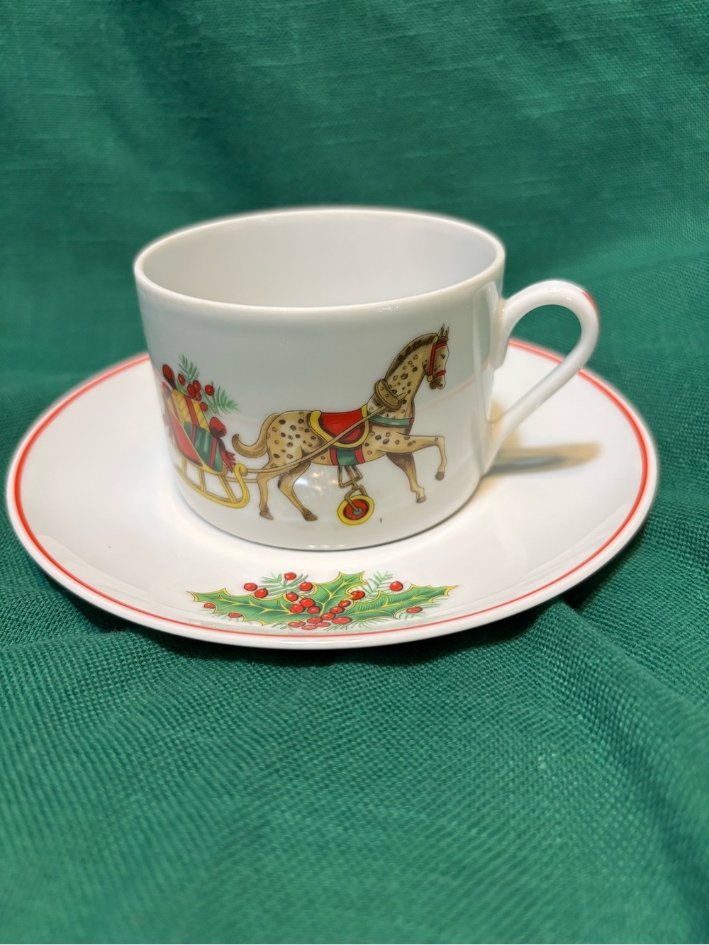 Vista Alegre Cup and Saucer with Holiday Horse Pulling Gifts Motif